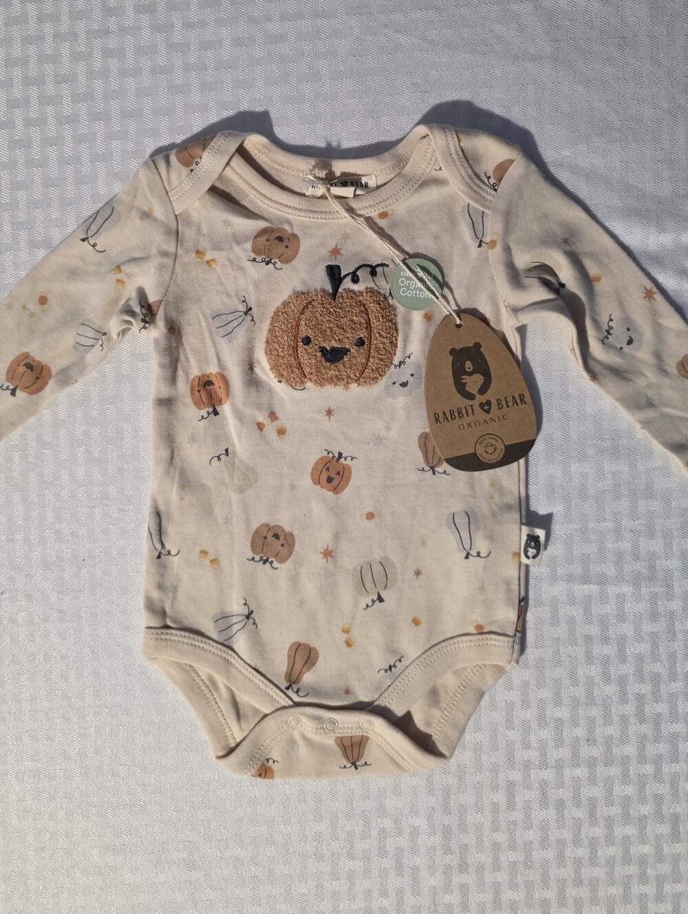 Rabbit & Bear Organic Pumpkin Embroidered One-Piece Bodysuit - Cream